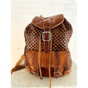 Vintage Handmade Woven Leather Backpack Brown Basketweave Rucksack Boho Bag